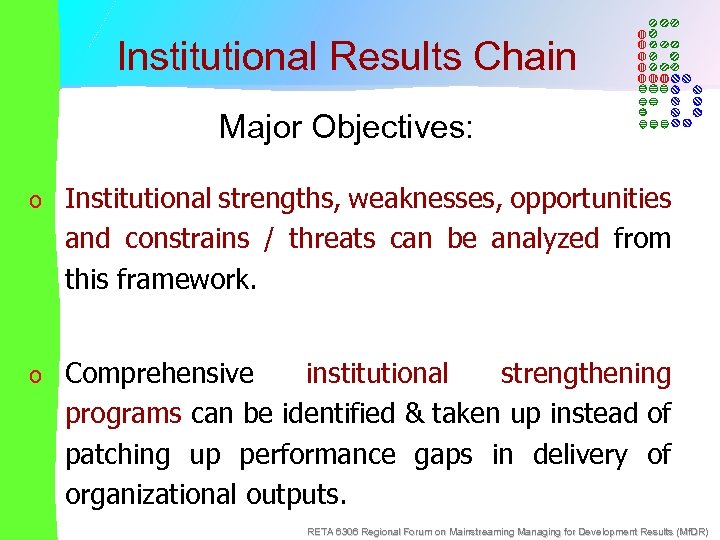 Institutional Results Chain Major Objectives: o Institutional strengths, weaknesses, opportunities and constrains / threats