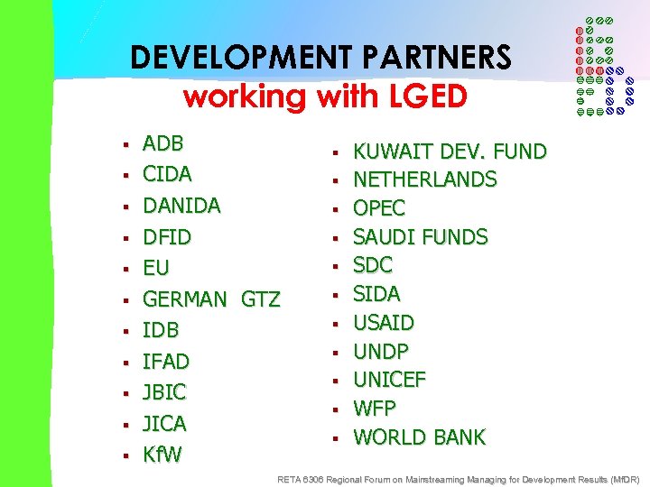 DEVELOPMENT PARTNERS working with LGED § § § ADB CIDA DANIDA DFID EU GERMAN