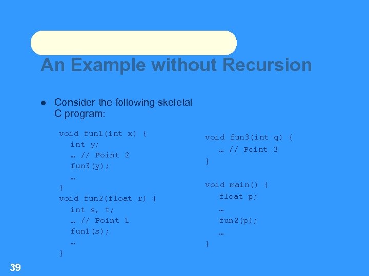 An Example without Recursion Consider the following skeletal C program: void fun 1(int x)