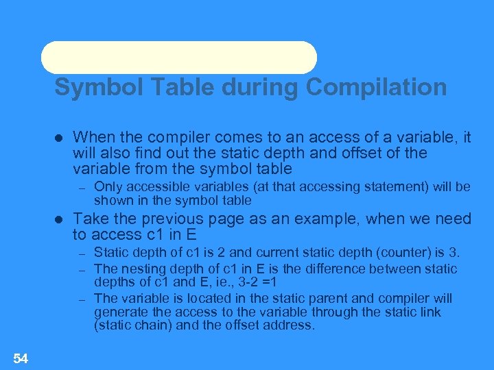 Symbol Table during Compilation When the compiler comes to an access of a variable,