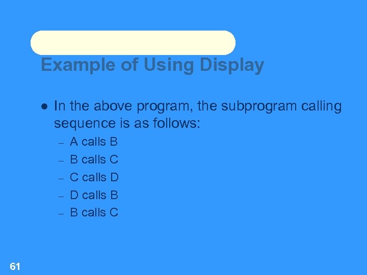 Example of Using Display In the above program, the subprogram calling sequence is as