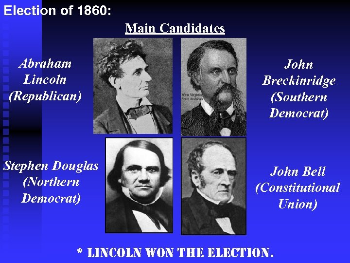 Election of 1860: Main Candidates Abraham Lincoln (Republican) Stephen Douglas (Northern Democrat) John Breckinridge