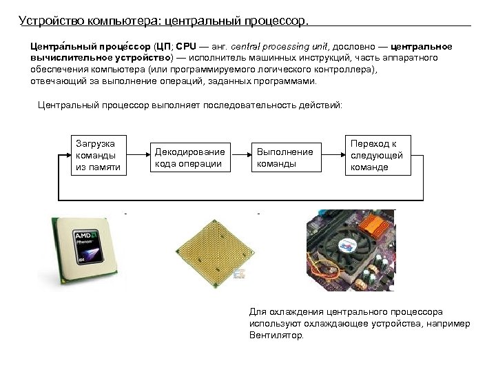 Устройство компьютера: центральный процессор. Центра льный проце ссор (ЦП; CPU — анг. central processing