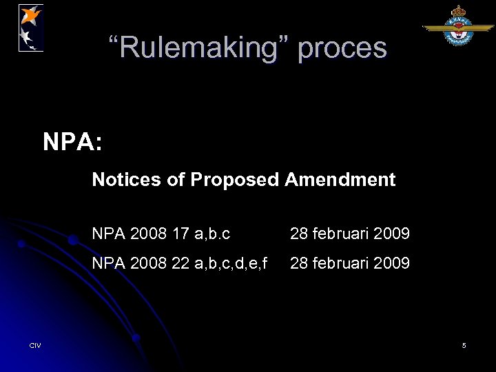“Rulemaking” proces NPA: Notices of Proposed Amendment NPA 2008 17 a, b. c NPA