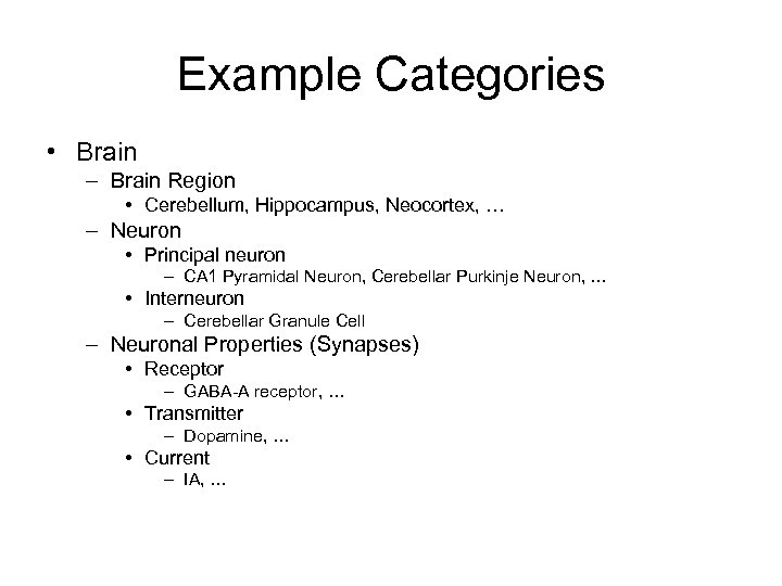 Example Categories • Brain – Brain Region • Cerebellum, Hippocampus, Neocortex, … – Neuron