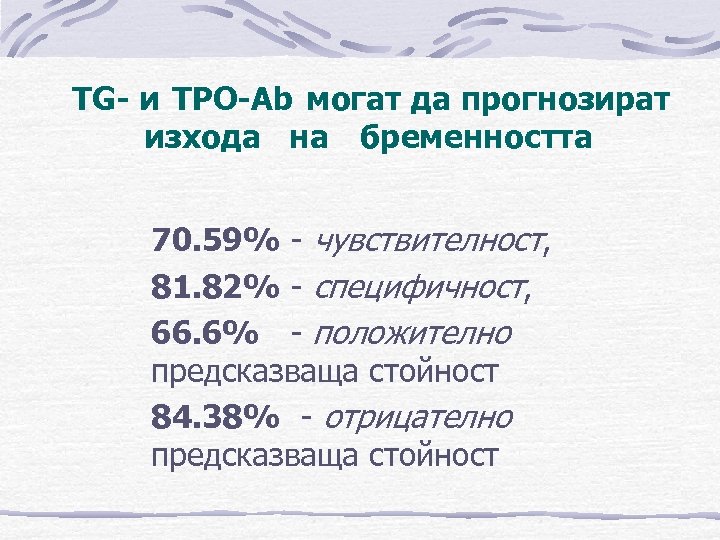 TG- и TРО-Ab могат да прогнозират изхода на бременността 70. 59% - чувствителност, 81.