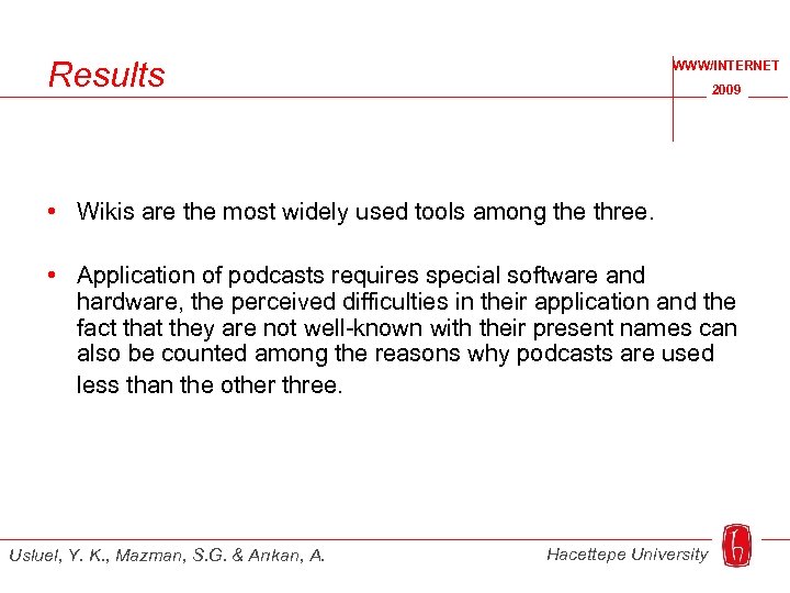 Results WWW/INTERNET 2009 • Wikis are the most widely used tools among the three.