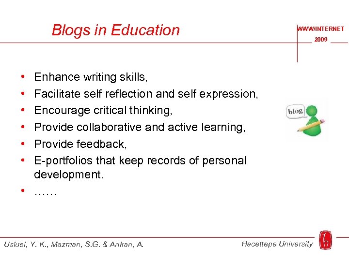 Blogs in Education WWW/INTERNET 2009 • • • Enhance writing skills, Facilitate self reflection