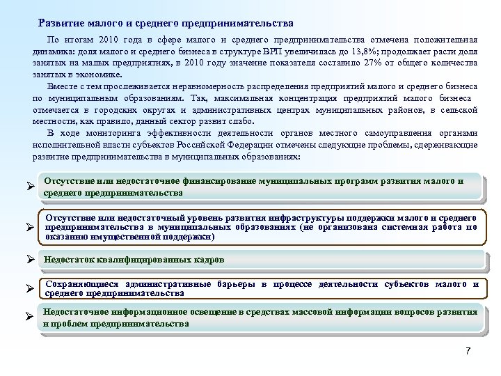 Развитие малого и среднего предпринимательства По итогам 2010 года в сфере малого и среднего