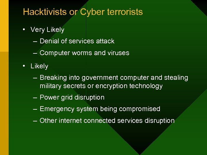 Hacktivists or Cyber terrorists • Very Likely – Denial of services attack – Computer
