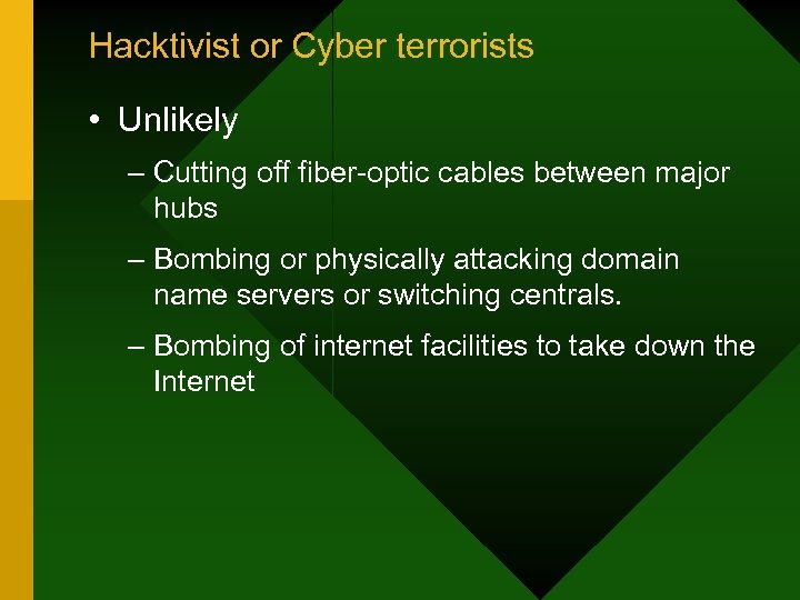 Hacktivist or Cyber terrorists • Unlikely – Cutting off fiber-optic cables between major hubs