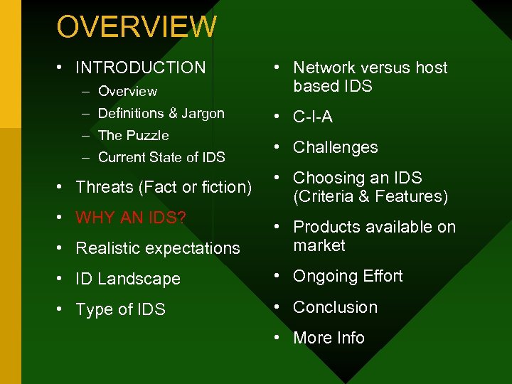 OVERVIEW • INTRODUCTION – Overview • Network versus host based IDS – Definitions &