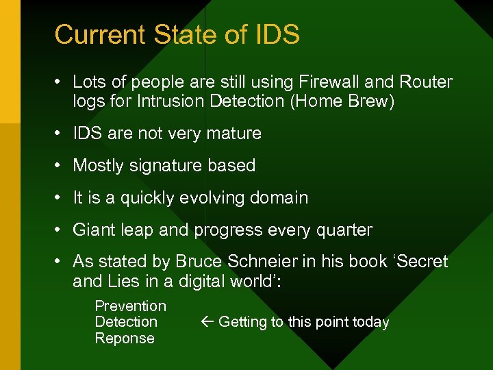 Current State of IDS • Lots of people are still using Firewall and Router