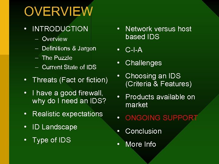 OVERVIEW • INTRODUCTION – Overview • Network versus host based IDS – Definitions &