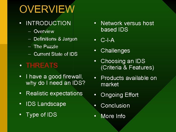 OVERVIEW • INTRODUCTION – Overview • Network versus host based IDS – Definitions &