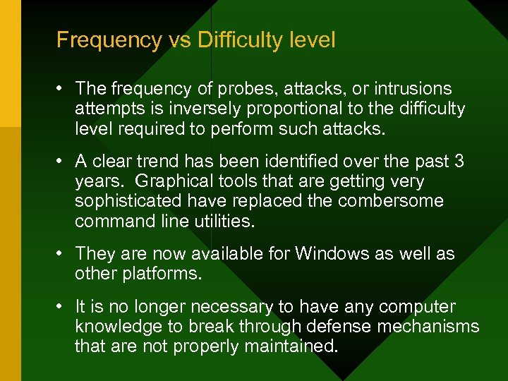 Frequency vs Difficulty level • The frequency of probes, attacks, or intrusions attempts is