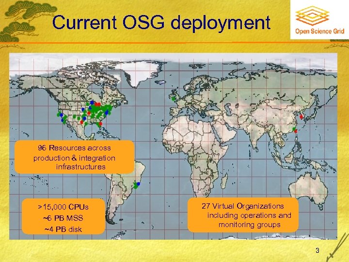 Current OSG deployment 96 Resources across production & integration infrastructures >15, 000 CPUs ~6