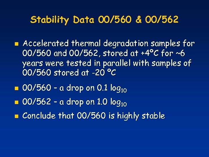 Stability Data 00/560 & 00/562 n Accelerated thermal degradation samples for 00/560 and 00/562,