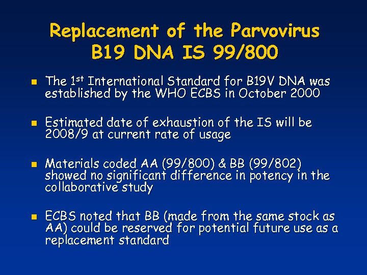 Replacement of the Parvovirus B 19 DNA IS 99/800 n The 1 st International