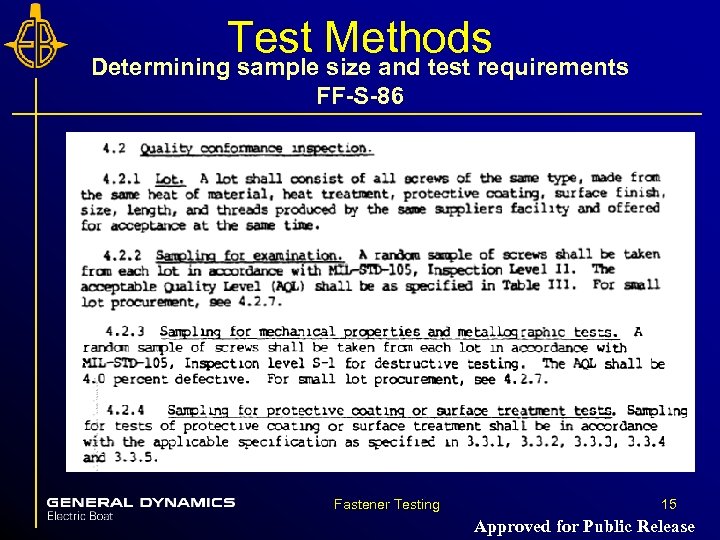 Test Methods Determining sample size and test requirements FF-S-86 Fastener Testing 15 Approved for