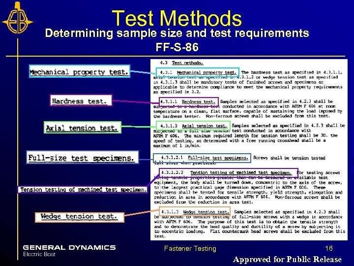 Test Methods Determining sample size and test requirements FF-S-86 Fastener Testing 16 Approved for