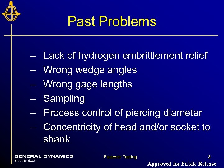 Past Problems – – – Lack of hydrogen embrittlement relief Wrong wedge angles Wrong