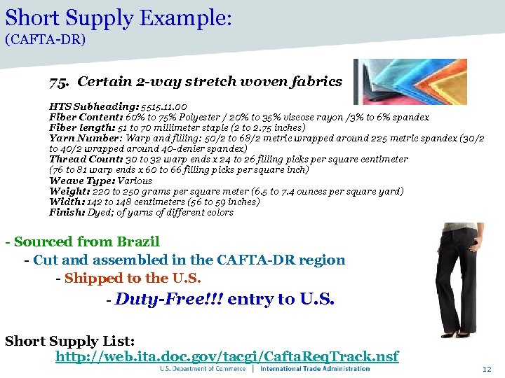 Short Supply Example: (CAFTA-DR) 75. Certain 2 -way stretch woven fabrics HTS Subheading: 5515.