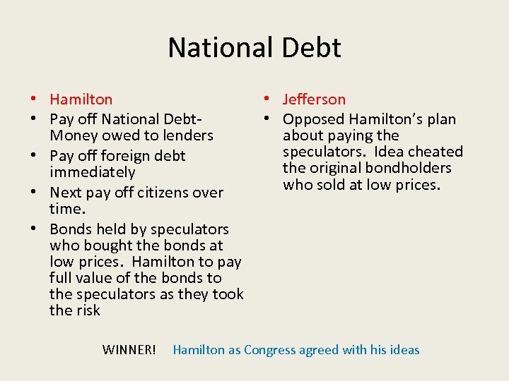 National Debt • Hamilton • Pay off National Debt. Money owed to lenders •