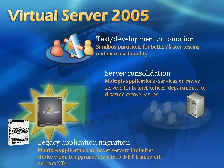 Test/development automation Sandbox partitions for better/faster testing and increased quality Server consolidation Multiple applications/services