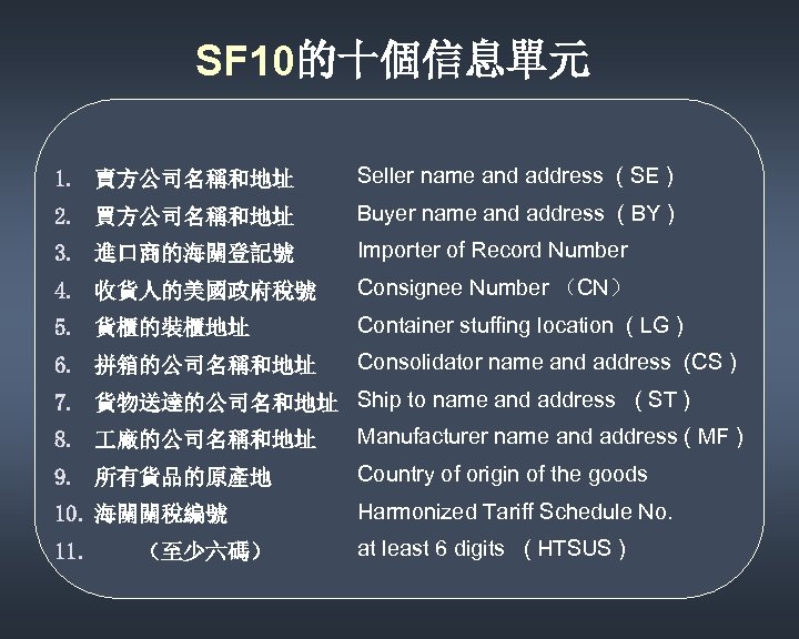 SF 10的十個信息單元 1. 賣方公司名稱和地址 Seller name and address ( SE ) 2. 買方公司名稱和地址 Buyer