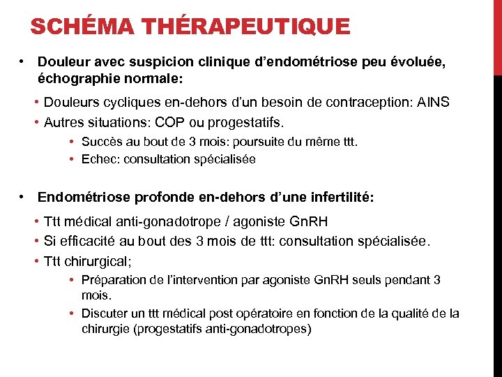SCHÉMA THÉRAPEUTIQUE • Douleur avec suspicion clinique d’endométriose peu évoluée, échographie normale: • Douleurs