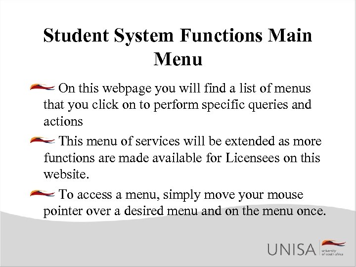 Student System Functions Main Menu On this webpage you will find a list of