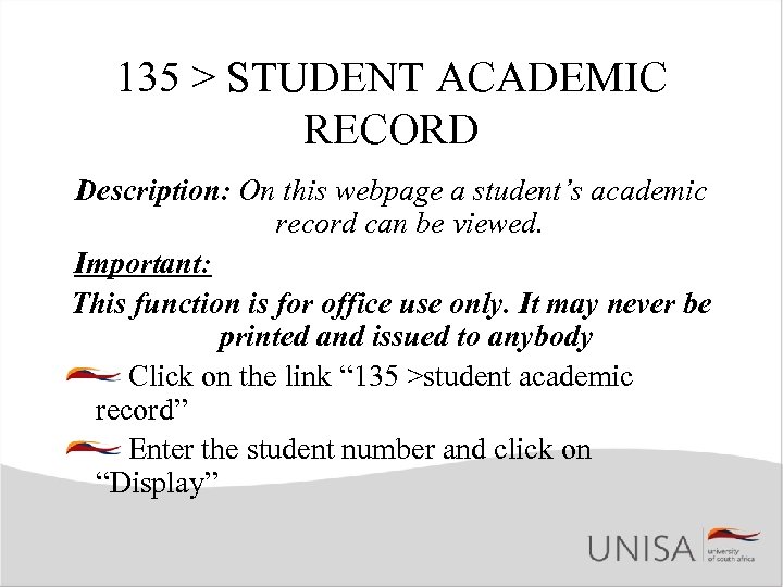 135 > STUDENT ACADEMIC RECORD Description: On this webpage a student’s academic record can