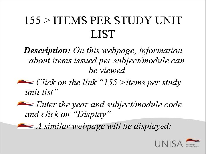 155 > ITEMS PER STUDY UNIT LIST Description: On this webpage, information about items
