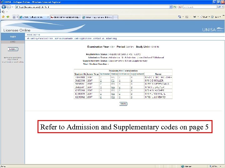 Refer to Admission and Supplementary codes on page 5 