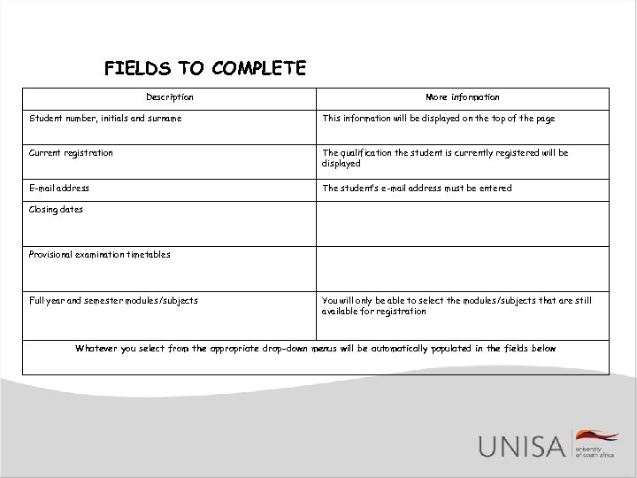 FIELDS TO COMPLETE Description More information Student number, initials and surname This information will