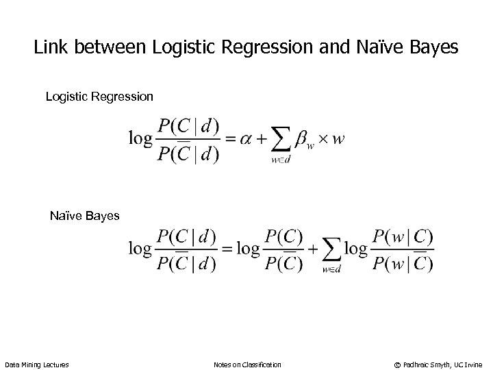 Link between Logistic Regression and Naïve Bayes Logistic Regression Naïve Bayes Data Mining Lectures
