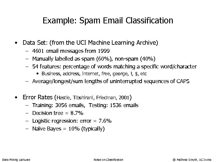 Example: Spam Email Classification • Data Set: (from the UCI Machine Learning Archive) –