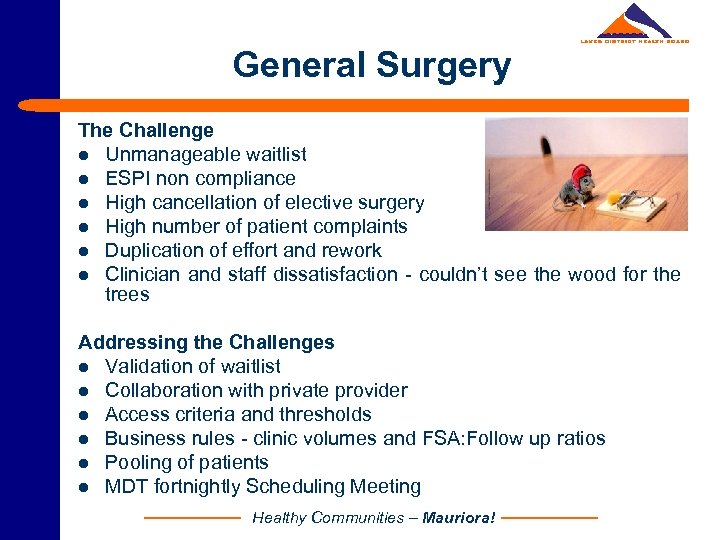 General Surgery The Challenge l Unmanageable waitlist l ESPI non compliance l High cancellation