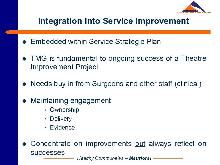 Integration into Service Improvement l Embedded within Service Strategic Plan l TMG is fundamental