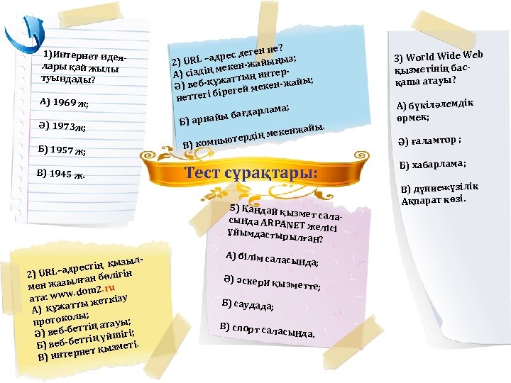 1)Интернет идеялары қай жылы туындады? А) 1969 ж; Ә) 1973 ж; Б) 1957 ж;