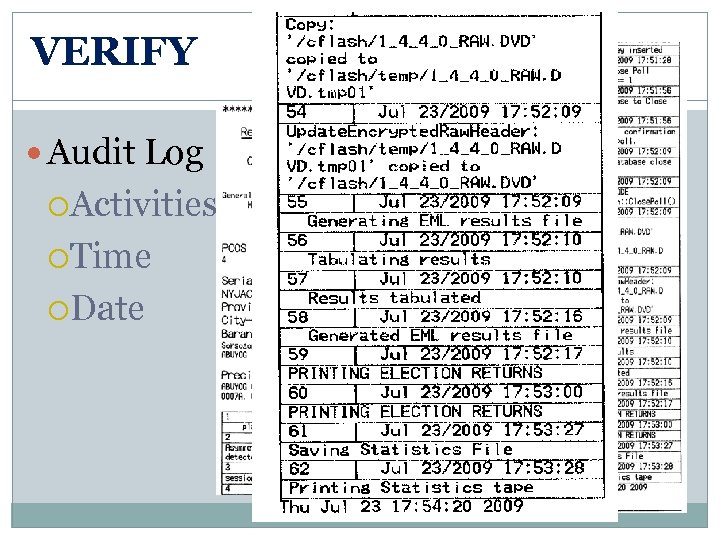 VERIFY Audit Log Activities Time Date 