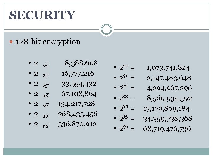 SECURITY 128 -bit encryption • • 2 = 8, 388, 608 23 2 =