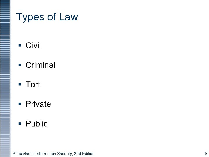 Types of Law § Civil § Criminal § Tort § Private § Public Principles