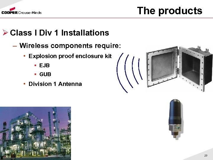 The products Ø Class I Div 1 Installations – Wireless components require: • Explosion