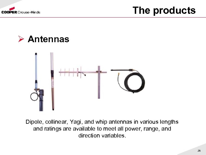 The products Ø Antennas Dipole, collinear, Yagi, and whip antennas in various lengths and