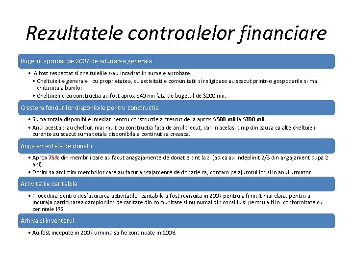 Rezultatele controalelor financiare Bugetul aprobat pe 2007 de adunarea generala • A fost respectat