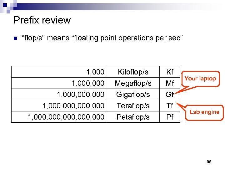 Prefix review n “flop/s” means “floating point operations per sec” 1, 000, 000, 000