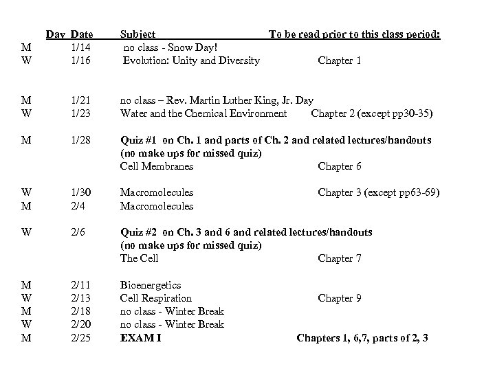 M W Day Date 1/14 1/16 Subject To be read prior to this class
