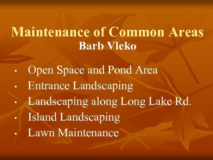 Maintenance of Common Areas Barb Vleko • • • Open Space and Pond Area